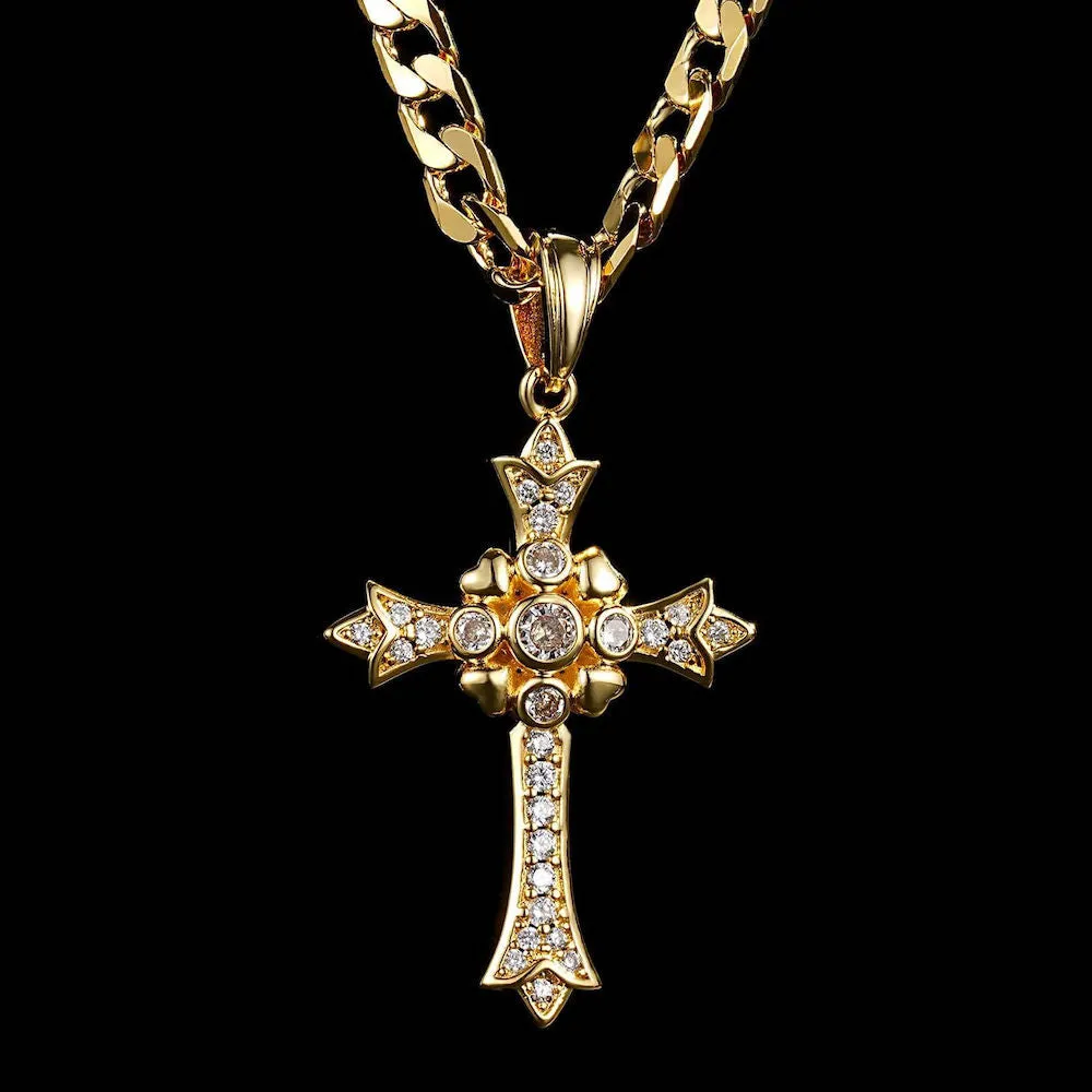 Gold Gothic Cross Pendant with Stones 22 Inch 5mm Cuban Chain
