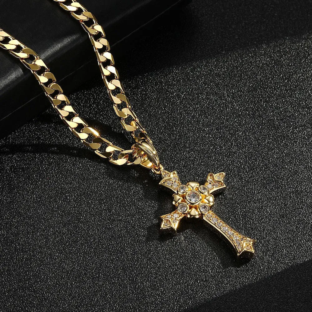 Gold Gothic Cross Pendant with Stones 22 Inch 5mm Cuban Chain