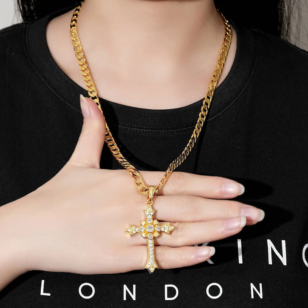 Gold Gothic Cross Pendant with Stones 22 Inch 5mm Cuban Chain