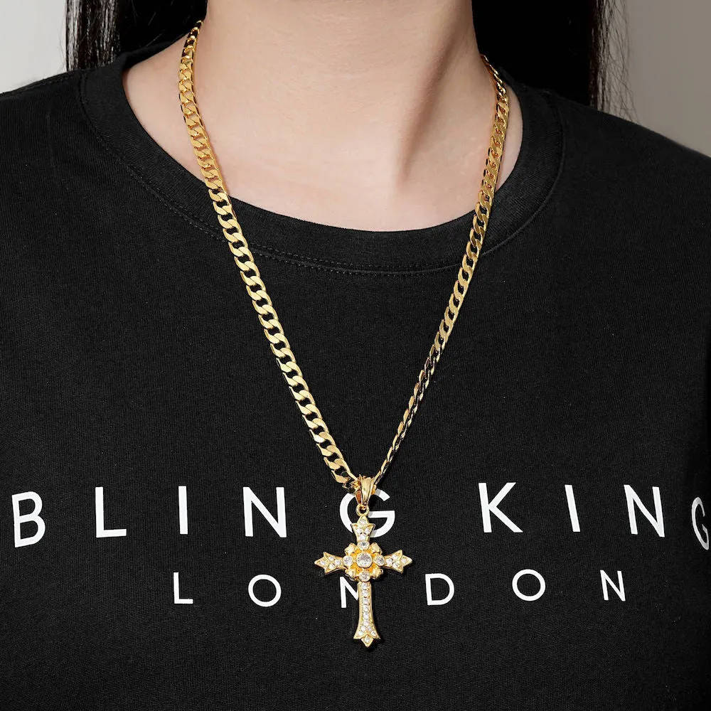 Gold Gothic Cross Pendant with Stones 22 Inch 5mm Cuban Chain