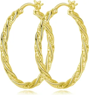 Gold Hoop Earrings for Women, 14K Gold Earrings Twisted Detailing Hypoallergenic Lightweight Earring Mothers Day Gifts 35MM
