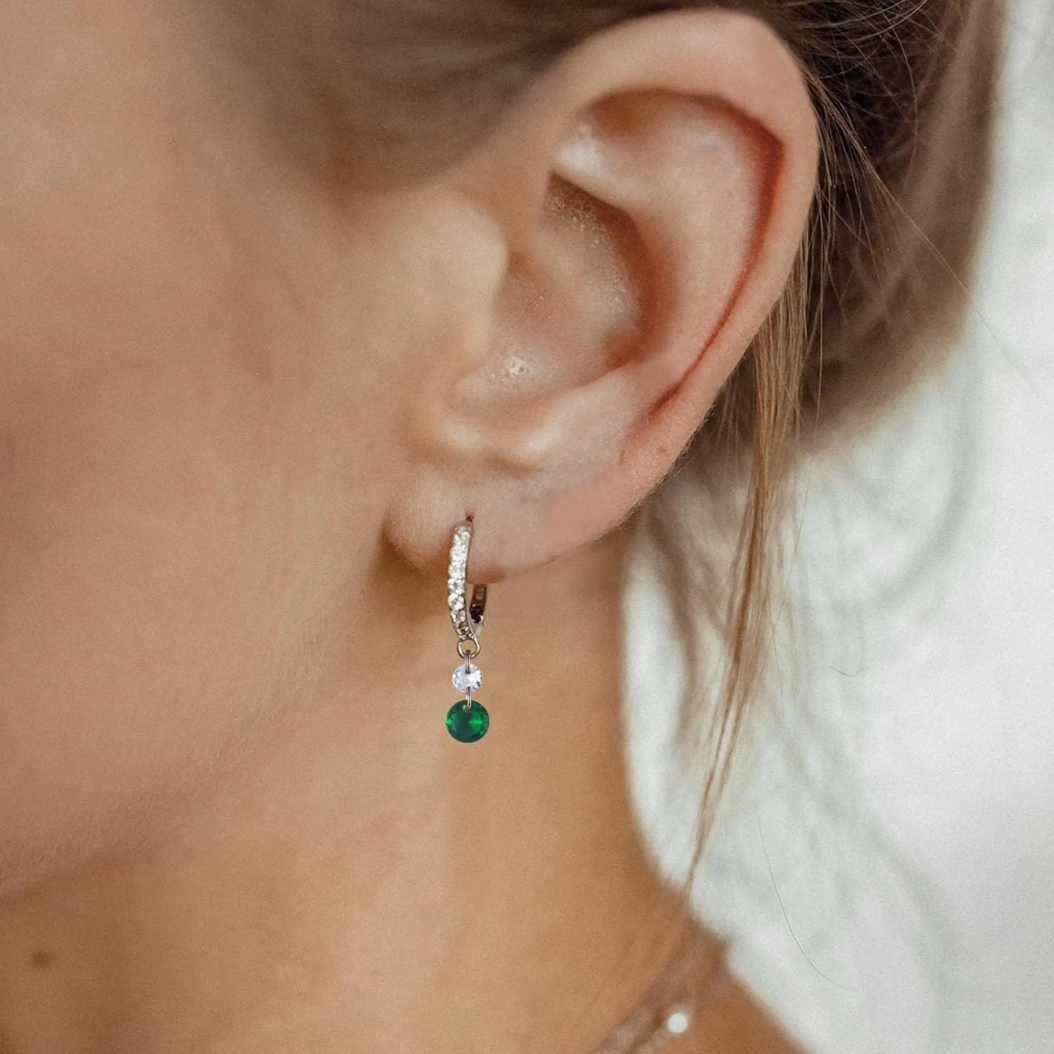 Gold Huggie Hoop Earrings for Women, Sterling Silver Post 14K Gold Plated Green Cubic Zirconia Dangle Drop Hoop Earrings Hypoallergenic Jewelry Gifts