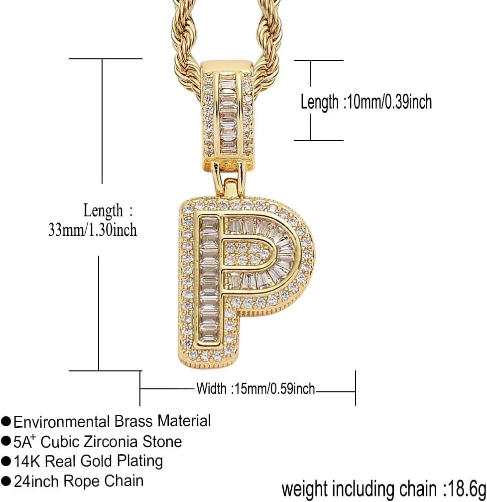 Gold Initial Necklace For Women Men - 18K Copper Plated Real Gold Micro Inlaid 5A  Cubic Zirconia Hip Hop Iced Out Letter Pendant With 24 Inch Rope Chain Bling Alphabet Name Jewelry