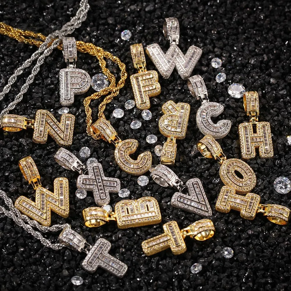 Gold Initial Necklace For Women Men - 18K Copper Plated Real Gold Micro Inlaid 5A  Cubic Zirconia Hip Hop Iced Out Letter Pendant With 24 Inch Rope Chain Bling Alphabet Name Jewelry