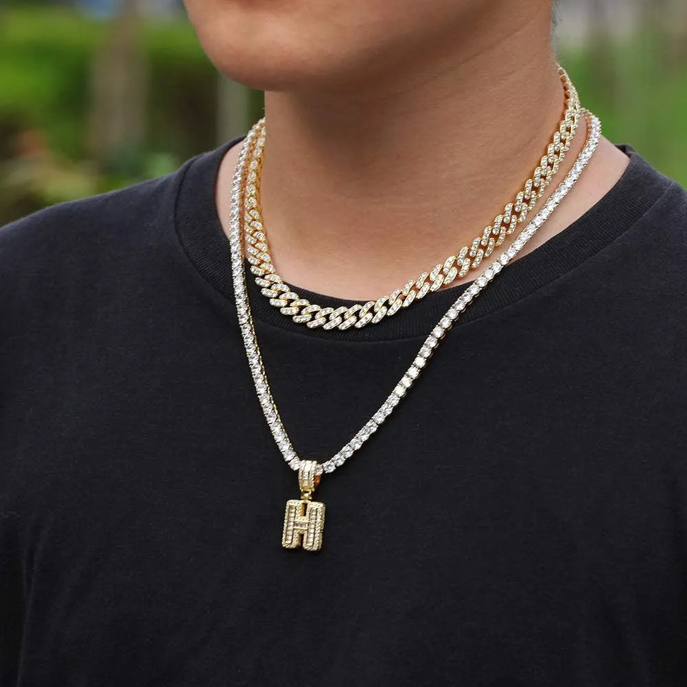 Gold Initial Necklace For Women Men - 18K Copper Plated Real Gold Micro Inlaid 5A  Cubic Zirconia Hip Hop Iced Out Letter Pendant With 24 Inch Rope Chain Bling Alphabet Name Jewelry