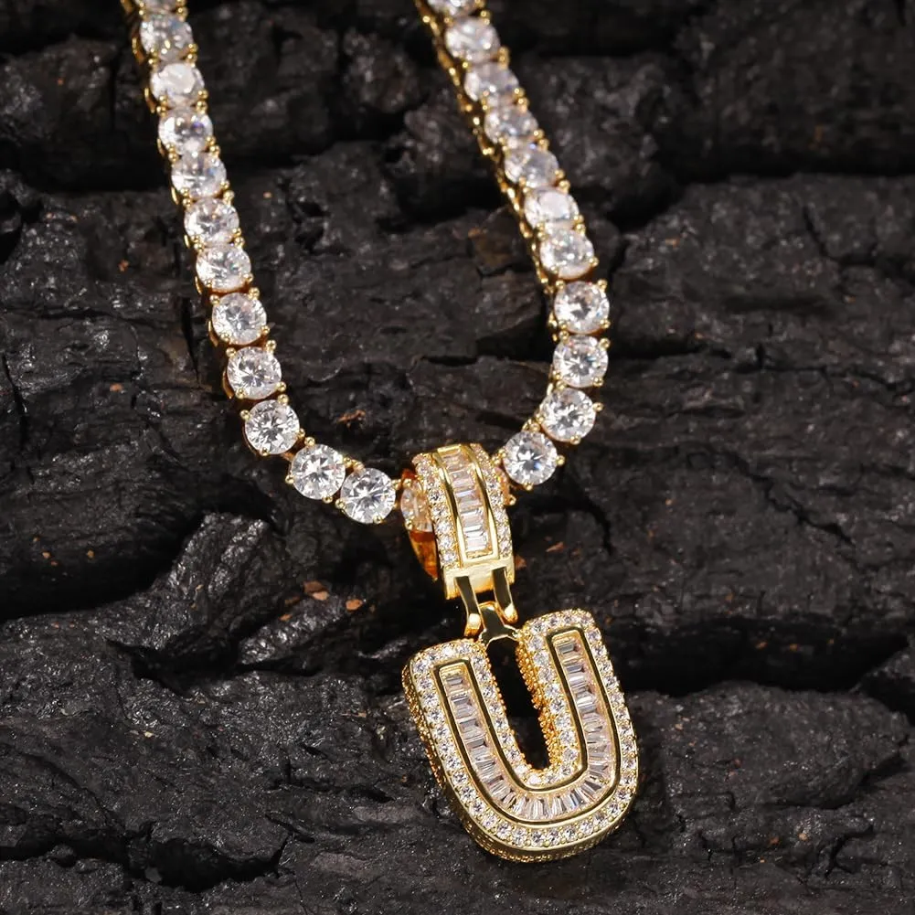 Gold Initial Necklace For Women Men - 18K Copper Plated Real Gold Micro Inlaid 5A  Cubic Zirconia Hip Hop Iced Out Letter Pendant With 24 Inch Rope Chain Bling Alphabet Name Jewelry