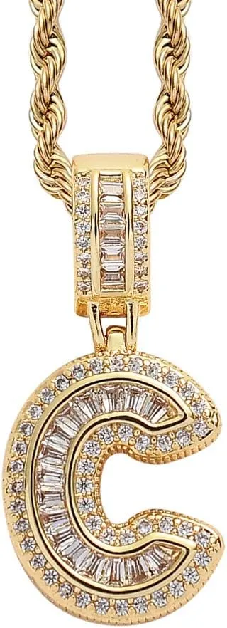 Gold Initial Necklace For Women Men - 18K Copper Plated Real Gold Micro Inlaid 5A  Cubic Zirconia Hip Hop Iced Out Letter Pendant With 24 Inch Rope Chain Bling Alphabet Name Jewelry