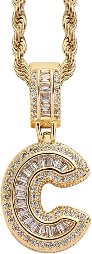 Gold Initial Necklace For Women Men - 18K Copper Plated Real Gold Micro Inlaid 5A  Cubic Zirconia Hip Hop Iced Out Letter Pendant With 24 Inch Rope Chain Bling Alphabet Name Jewelry