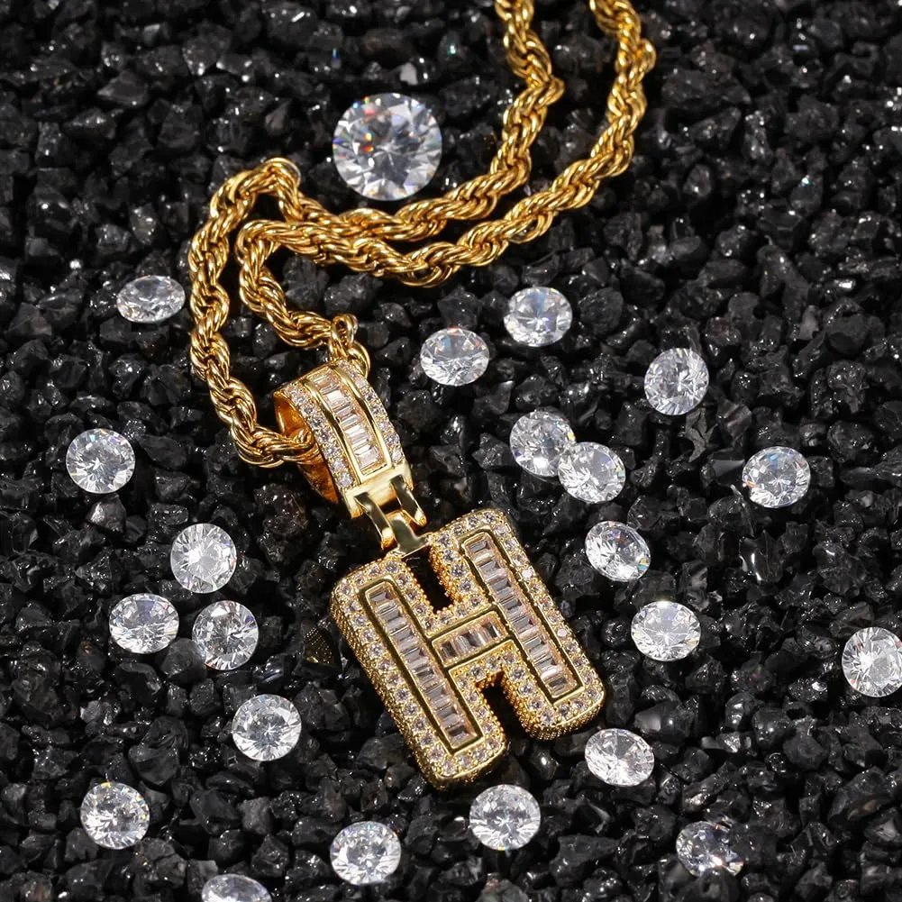 Gold Initial Necklace For Women Men - 18K Copper Plated Real Gold Micro Inlaid 5A  Cubic Zirconia Hip Hop Iced Out Letter Pendant With 24 Inch Rope Chain Bling Alphabet Name Jewelry