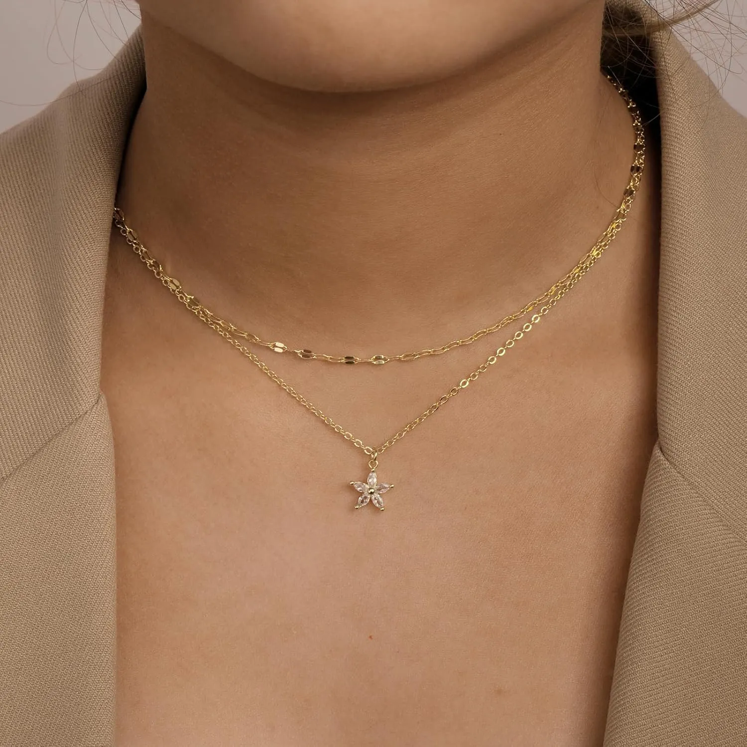 Gold Necklace for Women 14K Gold Silver Plated Dainty Diamond Rhinestone Necklace Simple Gold Chain Cubic Zirconia Necklaces Set Trendy CZ Solitaire Pendant Choker Cute Jewelry Gifts