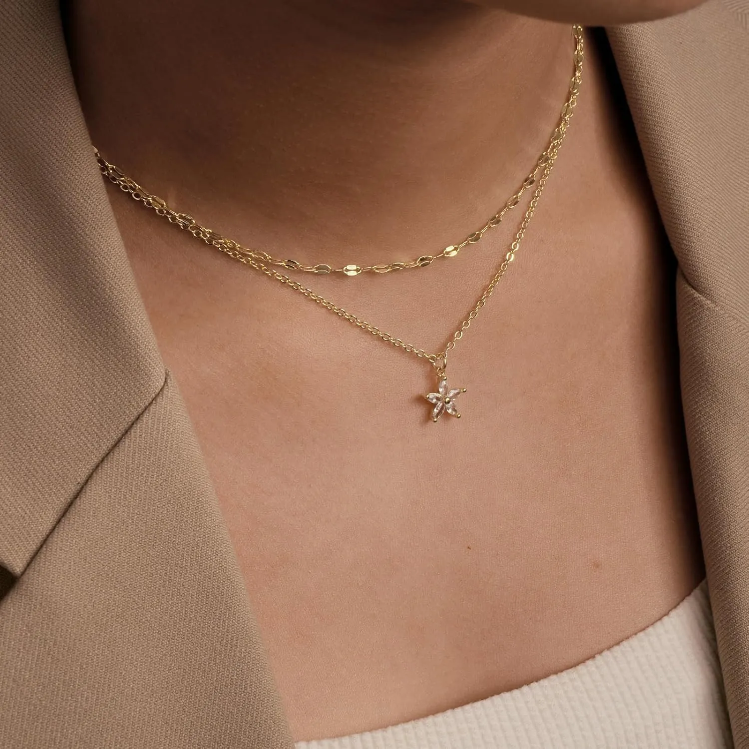 Gold Necklace for Women 14K Gold Silver Plated Dainty Diamond Rhinestone Necklace Simple Gold Chain Cubic Zirconia Necklaces Set Trendy CZ Solitaire Pendant Choker Cute Jewelry Gifts