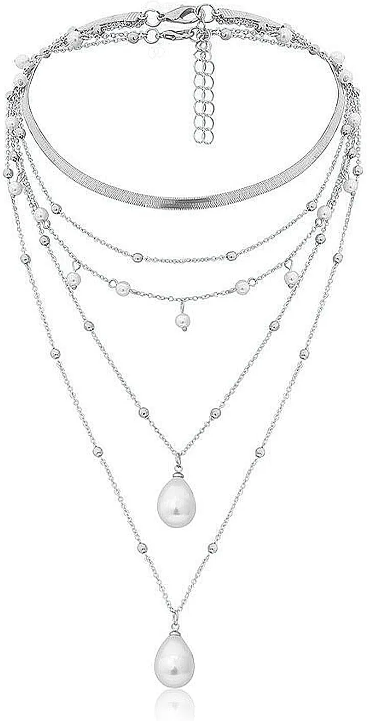 Gold Pearl Layered Statement Necklace for Women,Trendy Silver Stackable Pearl Teardrop Pendant Y Necklace Herringbone Choker Necklace