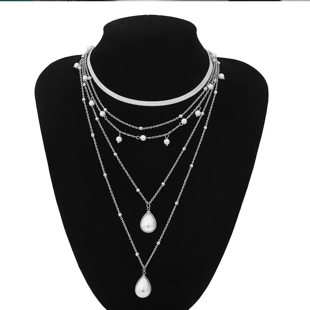 Gold Pearl Layered Statement Necklace for Women,Trendy Silver Stackable Pearl Teardrop Pendant Y Necklace Herringbone Choker Necklace