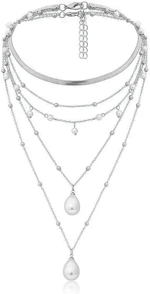Gold Pearl Layered Statement Necklace for Women,Trendy Silver Stackable Pearl Teardrop Pendant Y Necklace Herringbone Choker Necklace