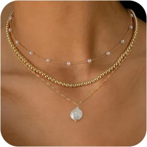Gold Pearl NecklaceLayered Gold Choker Necklaces for Women Pearl Pendant Necklaces Stackable Stacked Stacking Layering Dainty Gold Necklace Pearl O Chain Necklace Simple Jewelry Gift