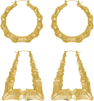 Gold Plated Bamboo Hoop Earrings for Women-Set of 2 Pairs Large Round Bamboo Pattern and Triangle Design - Hip-Hop Jewelry Fashion Accessory for Parties and Daily Wear