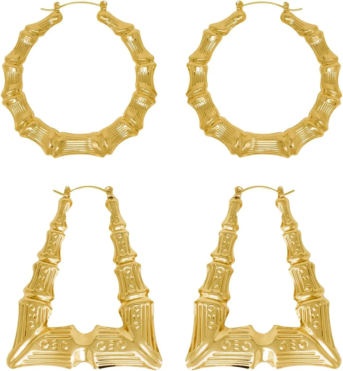Gold Plated Bamboo Hoop Earrings for Women-Set of 2 Pairs Large Round Bamboo Pattern and Triangle Design - Hip-Hop Jewelry Fashion Accessory for Parties and Daily Wear