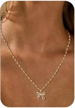 Gold Rhinestone Bow Necklace for Women Gold Cubic Zirconia Bowknot Necklace Thanksgiving Xmas Holiday Party Jewelry