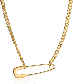 Gold Safety Pin Necklace - Women's Dainty Choker with Silver Minimalist Pin Pendant - Hip Hop Punk Rock Jewelry