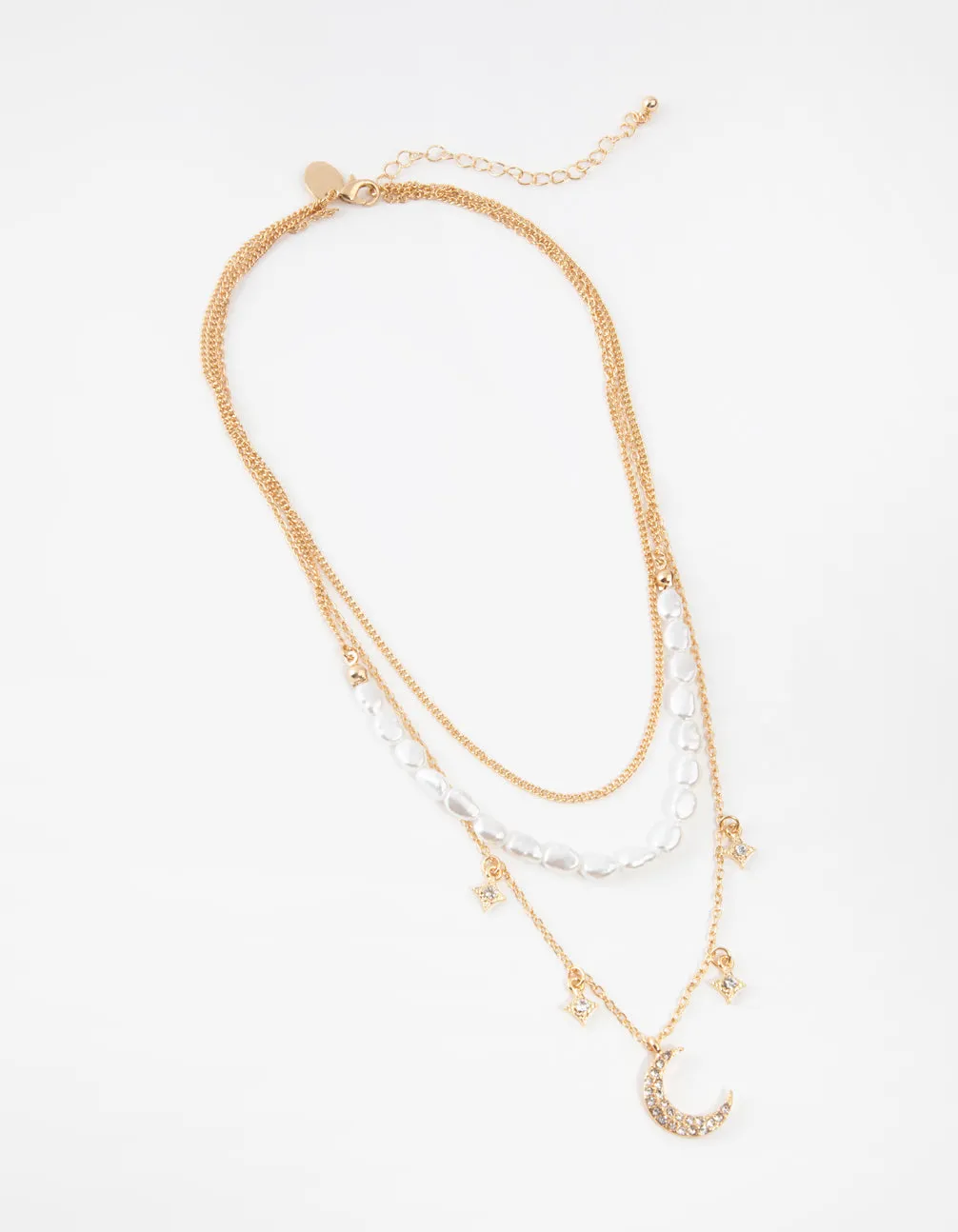 Gold Short Diamante Moon 3-Row Necklace