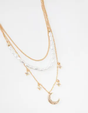 Gold Short Diamante Moon 3-Row Necklace