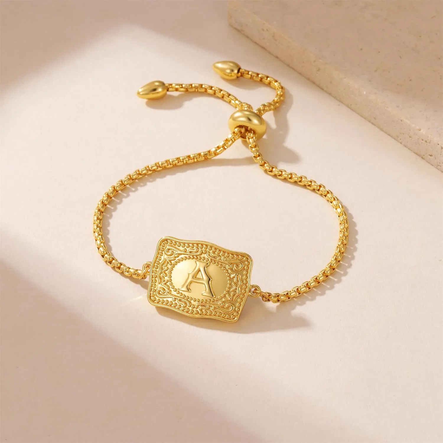 Gold Silver Initial Bracelet for Women, 18K Gold Plated Mini Belt Buckle Initial Bracelet, Letter A-Z Charm Bracelet Unique Western Jewelry Gifts for Women Men