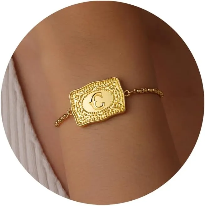 Gold Silver Initial Bracelet for Women, 18K Gold Plated Mini Belt Buckle Initial Bracelet, Letter A-Z Charm Bracelet Unique Western Jewelry Gifts for Women Men