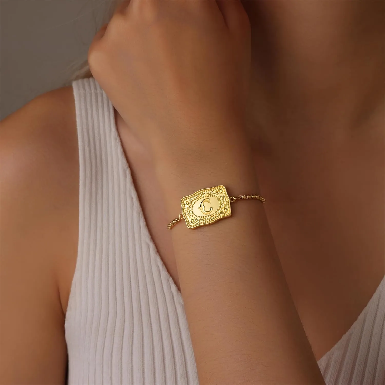 Gold Silver Initial Bracelet for Women, 18K Gold Plated Mini Belt Buckle Initial Bracelet, Letter A-Z Charm Bracelet Unique Western Jewelry Gifts for Women Men