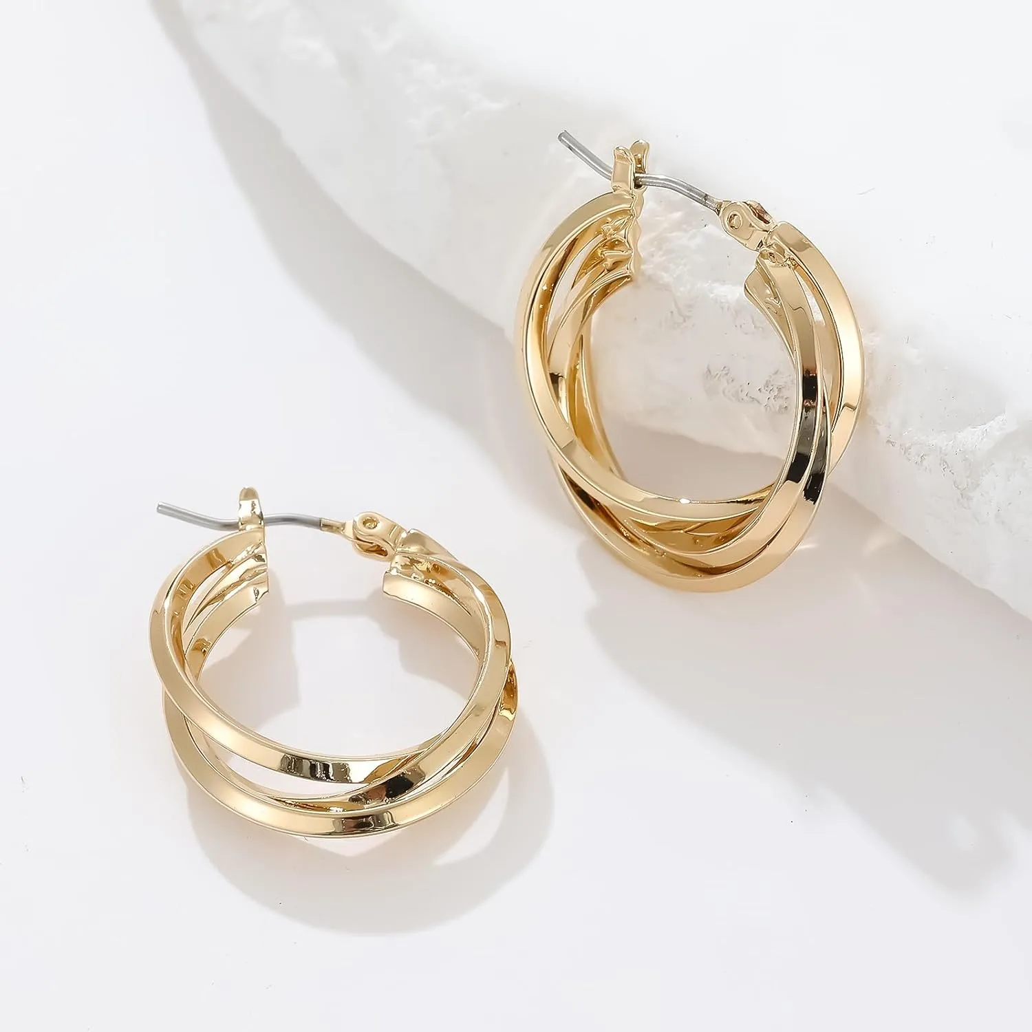 Gold Twisted Hoop Earrings,14K Gold Plated Lightweight Triple/Double Overlapping Hoop Earrings for Women