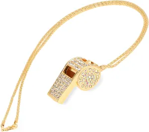 Gold Whistle Necklace, Rhinestone Whistle Necklace for Women Bedazzled Stuff Long Sweater Chain Bling Metal Crystal Necklaces Chain with Lanyard Fashion Shining Pendant for Women Gifts
