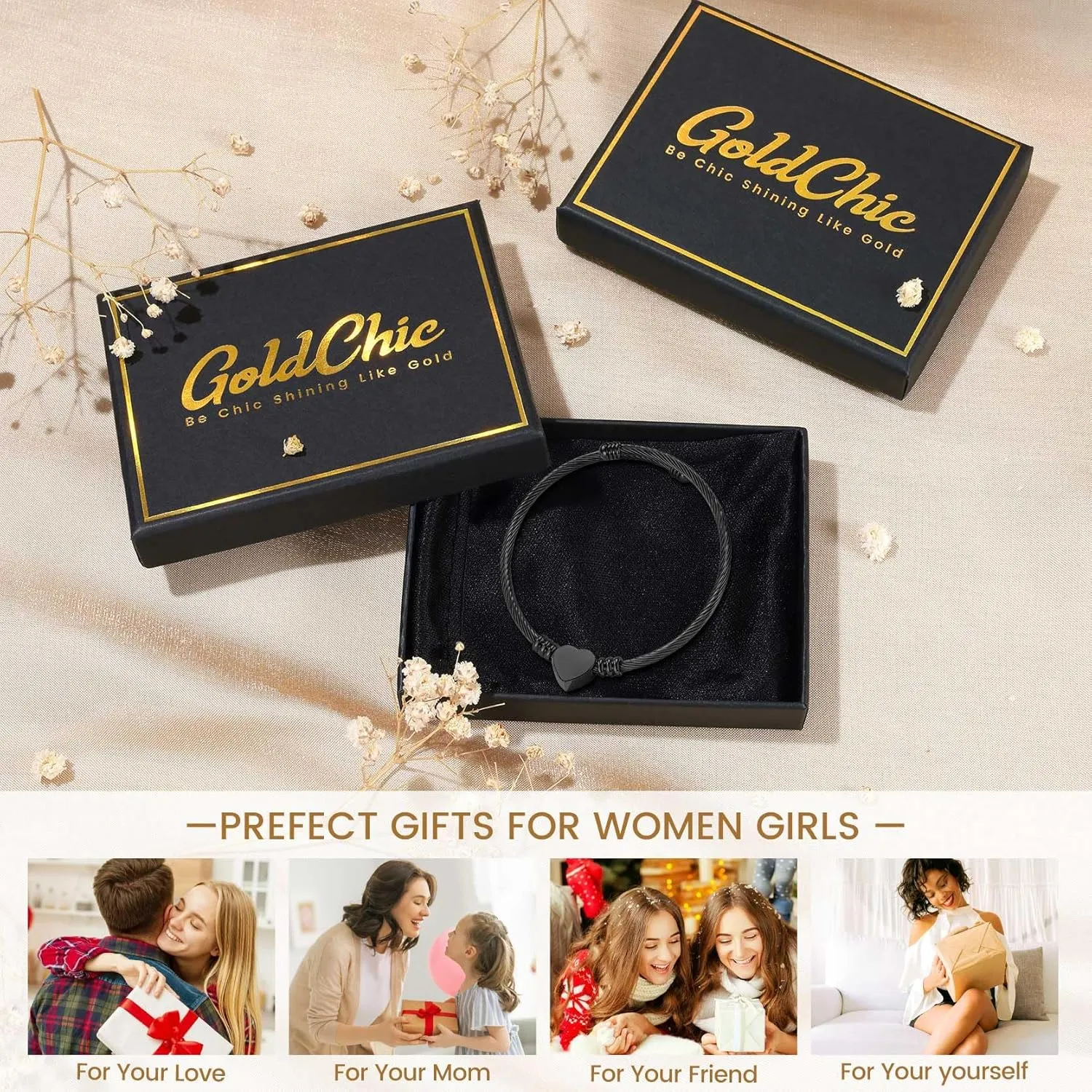 GOLDCHIC JEWELRY Personalized Heart Bracelet That Holds Pictures for Women, Stainless Steel Custom Adjustable Link Locket Bracelets in Gold/Black Customized Gifts for Mother Wife Loved One
