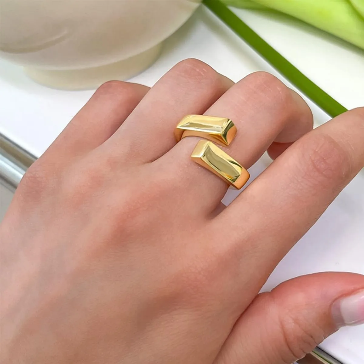Gold/Silver Chunky Open Ring Adjustable Fashion Statement Ring for Women Ladies