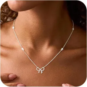 Gold/Silver Necklace For Women,Bow Necklace 14K Gold/Sterling Silver Plated Layered Cute Small Bow Pendant Choker Chain Necklace Dainty Necklaces For Women Gold Jewelry Gift