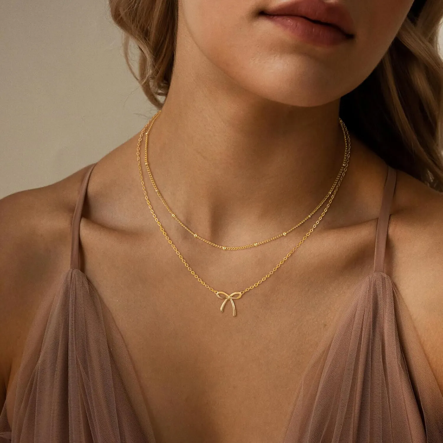 Gold/Silver Necklace For Women,Bow Necklace 14K Gold/Sterling Silver Plated Layered Cute Small Bow Pendant Choker Chain Necklace Dainty Necklaces For Women Gold Jewelry Gift