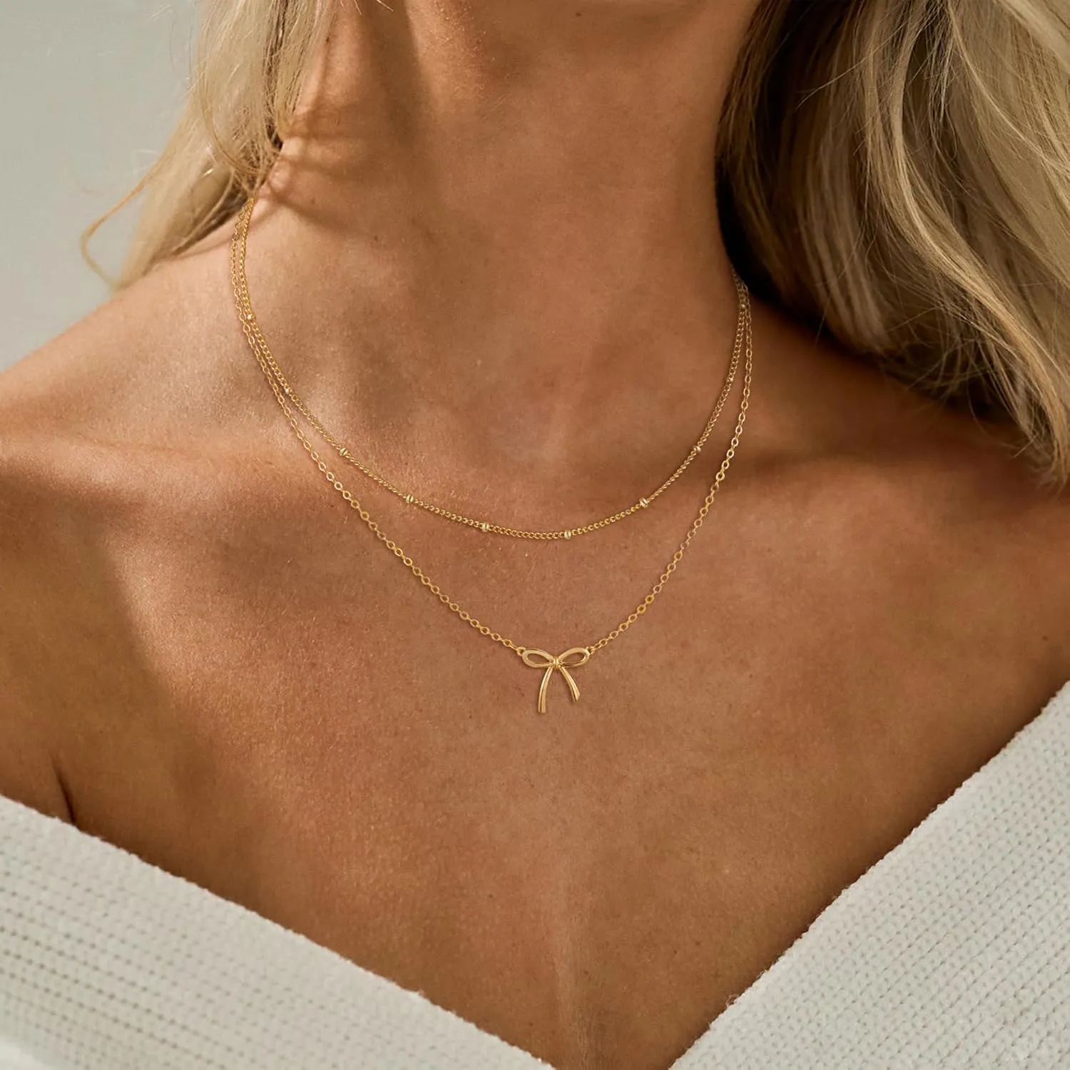 Gold/Silver Necklace For Women,Bow Necklace 14K Gold/Sterling Silver Plated Layered Cute Small Bow Pendant Choker Chain Necklace Dainty Necklaces For Women Gold Jewelry Gift