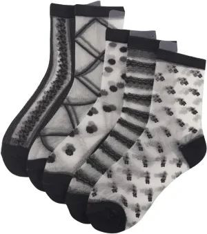 GORGLITTER Women's 4 Pairs Sheer Mesh Flower Patterned Thin Casual Crew Socks Transparent Cute Summer Socks