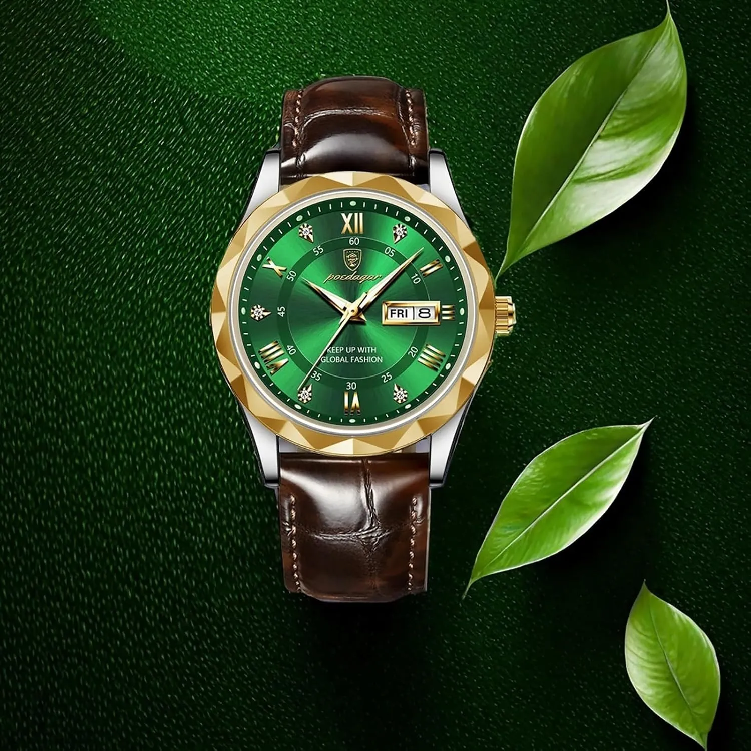 Gosasa Fashion Men's Business Casual Quartz Luminous Waterproof Date Wristwatch with Leather Strap