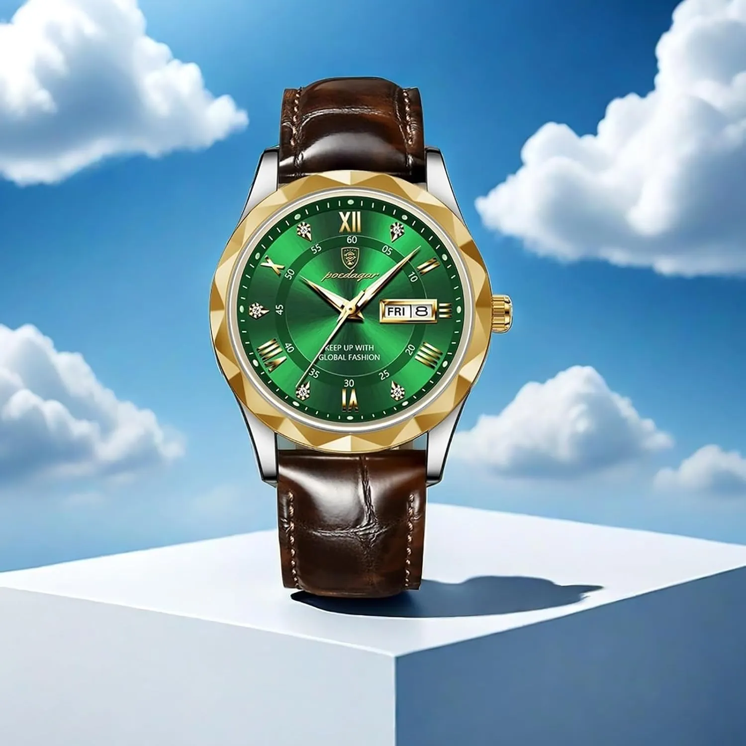 Gosasa Fashion Men's Business Casual Quartz Luminous Waterproof Date Wristwatch with Leather Strap