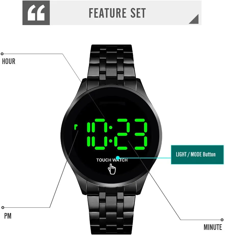 Gosasa Touch Screen Digital LED Waterproof Men Womens Sport Casual Stainless Steel Wrist Watch