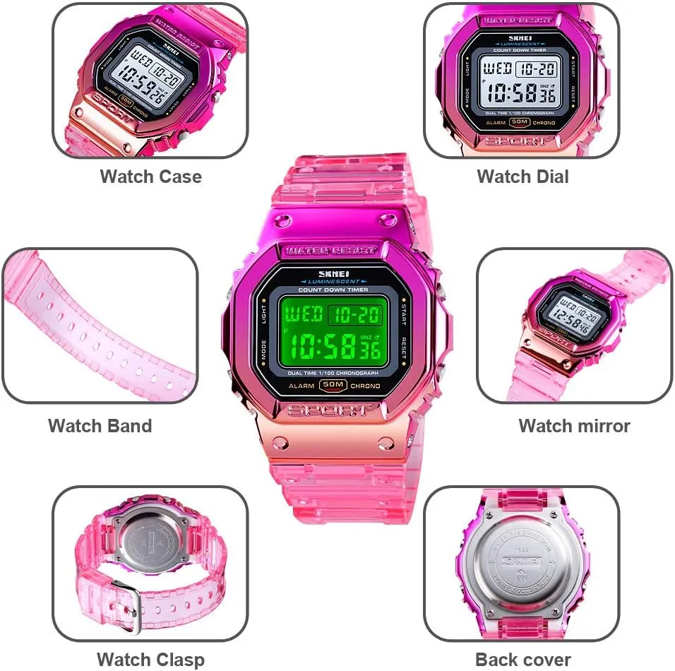 Gosasa Womens Watch Gradient Color Silicone Plating Digital Electronic Waterproof Sports Wristwatches Casual Watch Student Watches