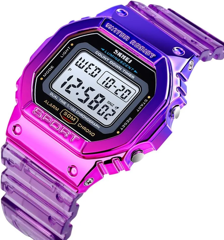 Gosasa Womens Watch Gradient Color Silicone Plating Digital Electronic Waterproof Sports Wristwatches Casual Watch Student Watches
