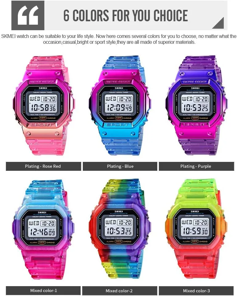 Gosasa Womens Watch Gradient Color Silicone Plating Digital Electronic Waterproof Sports Wristwatches Casual Watch Student Watches