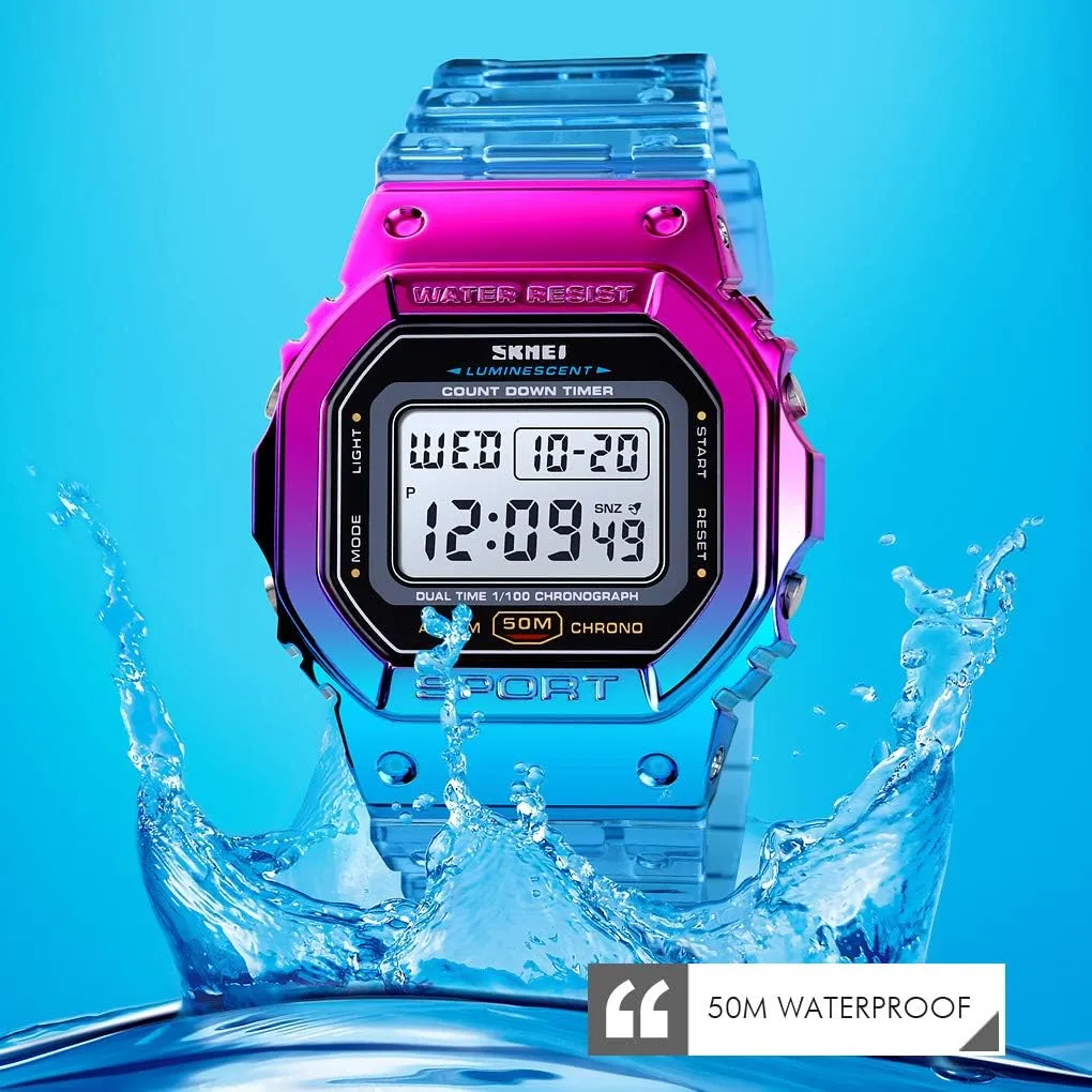 Gosasa Womens Watch Gradient Color Silicone Plating Digital Electronic Waterproof Sports Wristwatches Casual Watch Student Watches