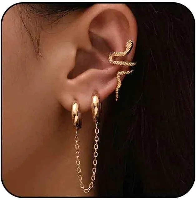 Gothic Snake Cuff Wrap Earrings - Gold Hoop Chain & Cartilage Ear Crawler - Serpent Clip On Wrap Earrings for Women