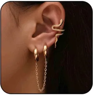 Gothic Snake Cuff Wrap Earrings - Gold Hoop Chain & Cartilage Ear Crawler - Serpent Clip On Wrap Earrings for Women