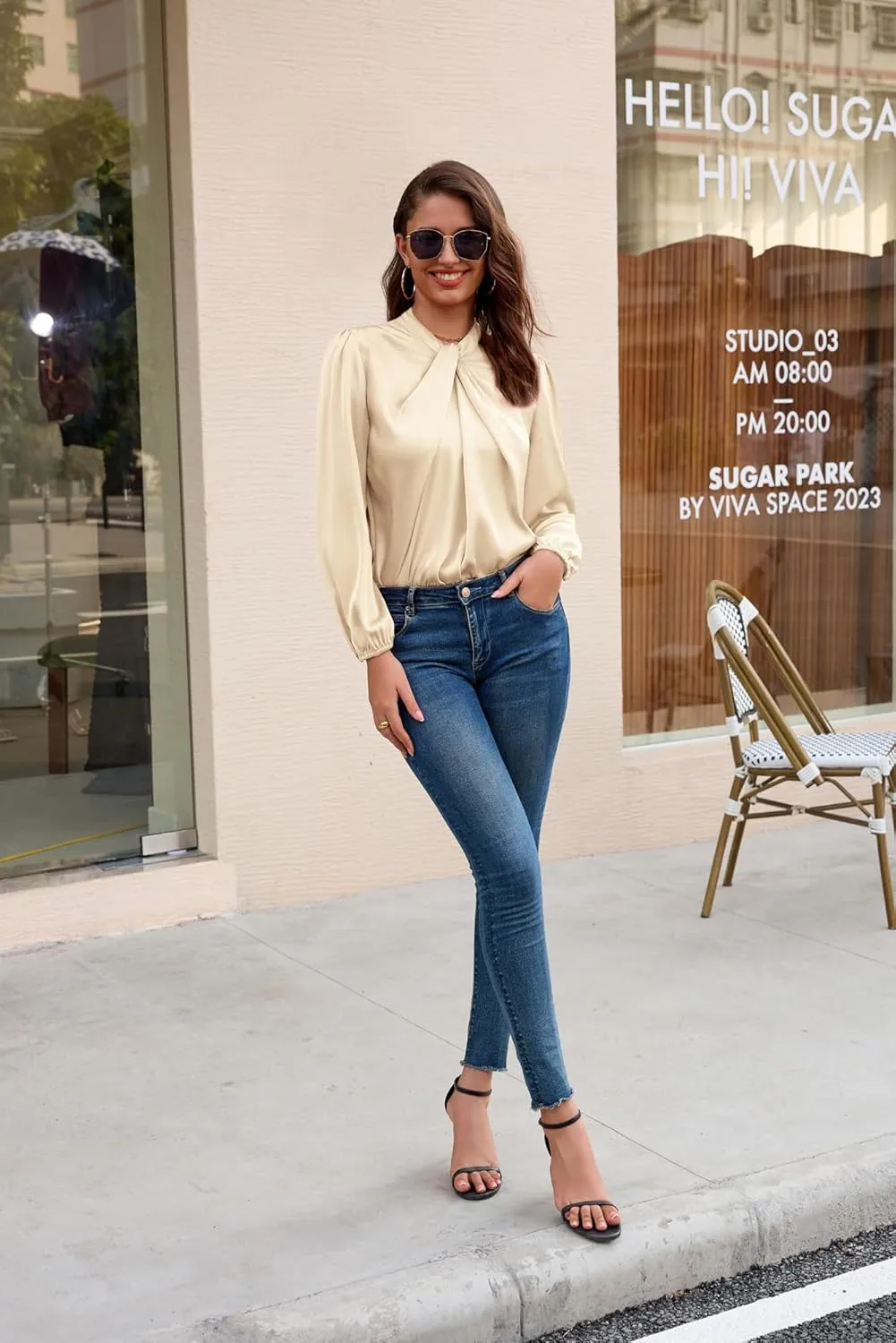 GRACE KARIN Women's Long Sleeve Shirts Mock Neck Casual Satin Blouse Tops for Business Office Work