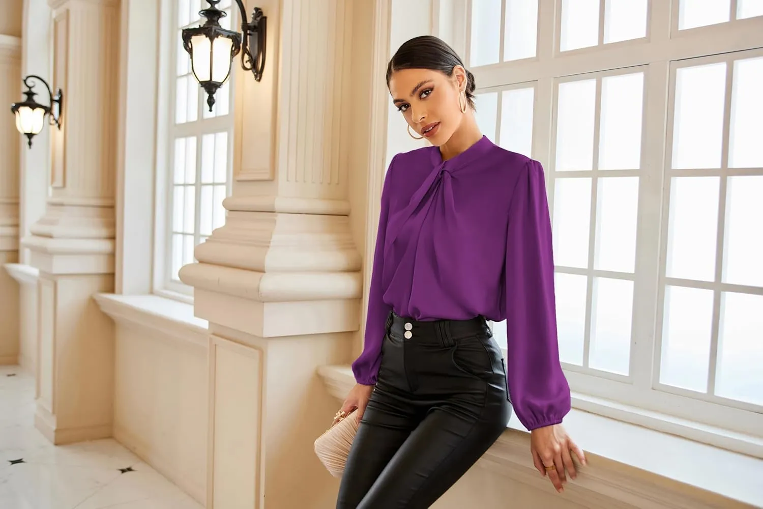 GRACE KARIN Women's Long Sleeve Shirts Mock Neck Casual Satin Blouse Tops for Business Office Work