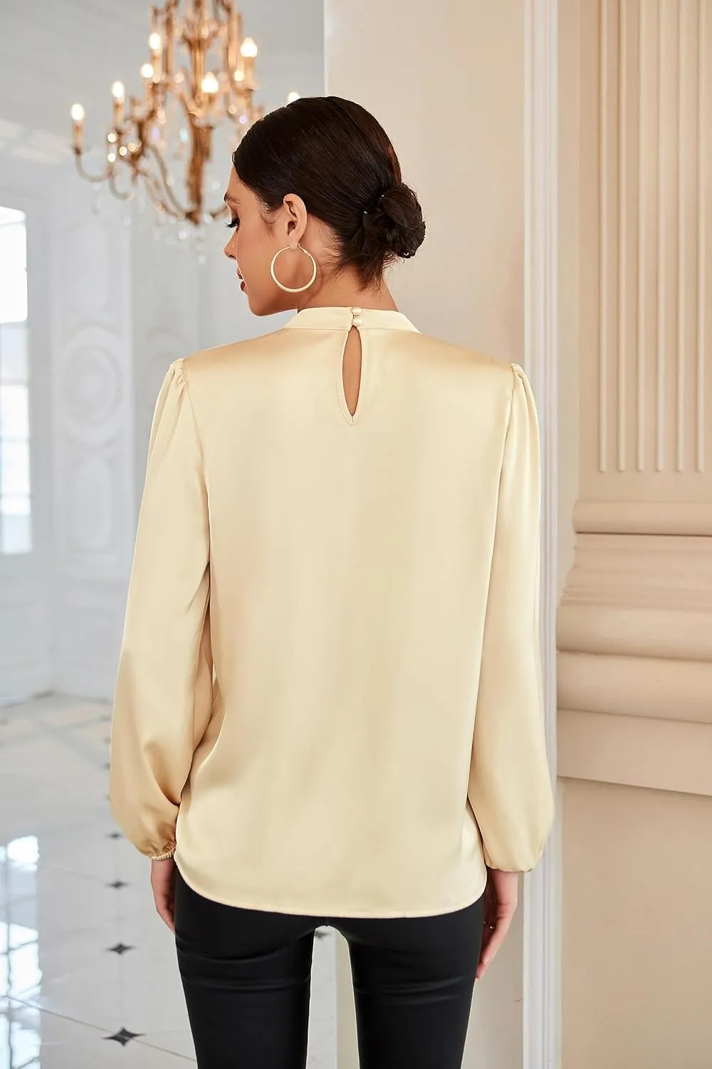 GRACE KARIN Women's Long Sleeve Shirts Mock Neck Casual Satin Blouse Tops for Business Office Work
