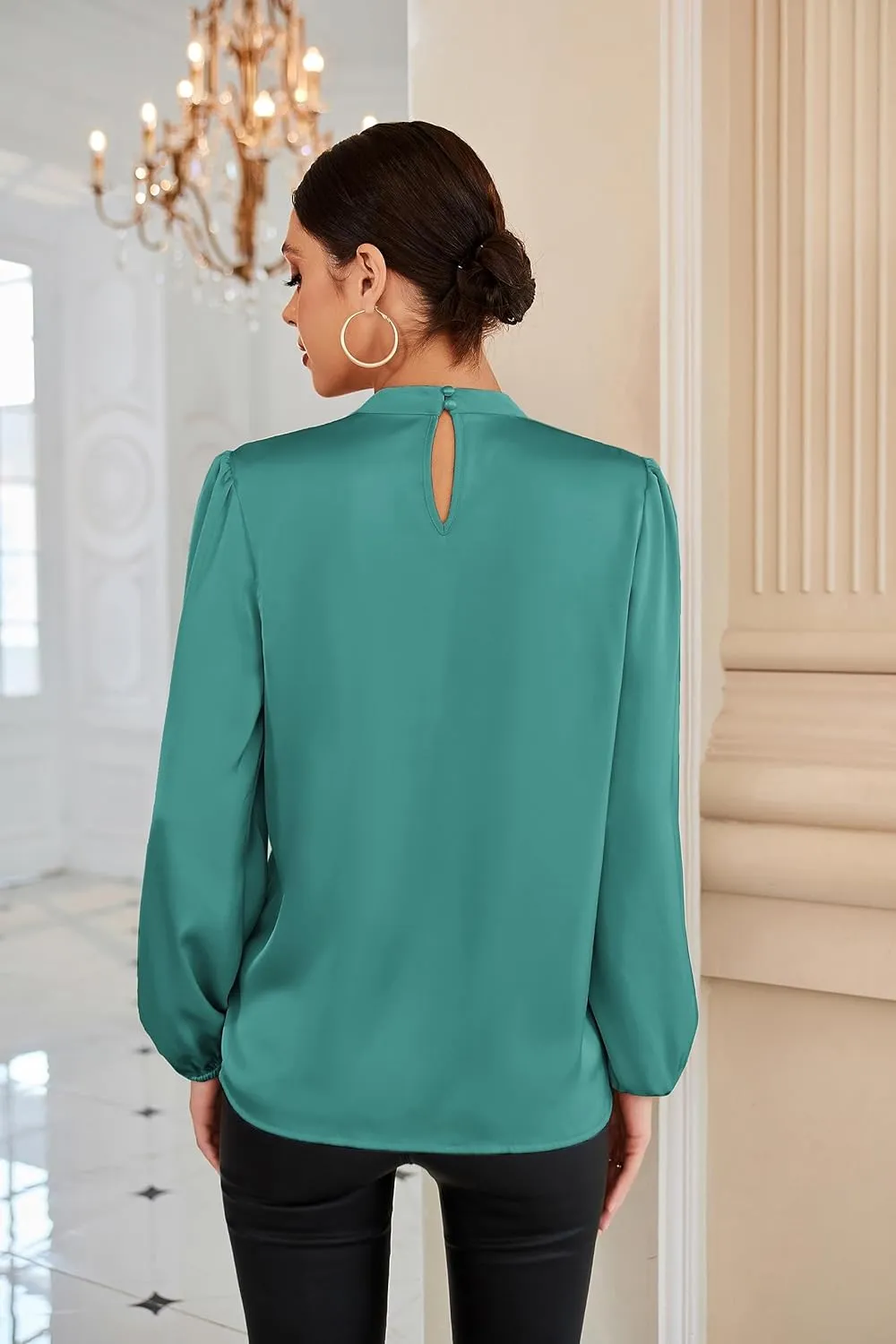 GRACE KARIN Women's Long Sleeve Shirts Mock Neck Casual Satin Blouse Tops for Business Office Work