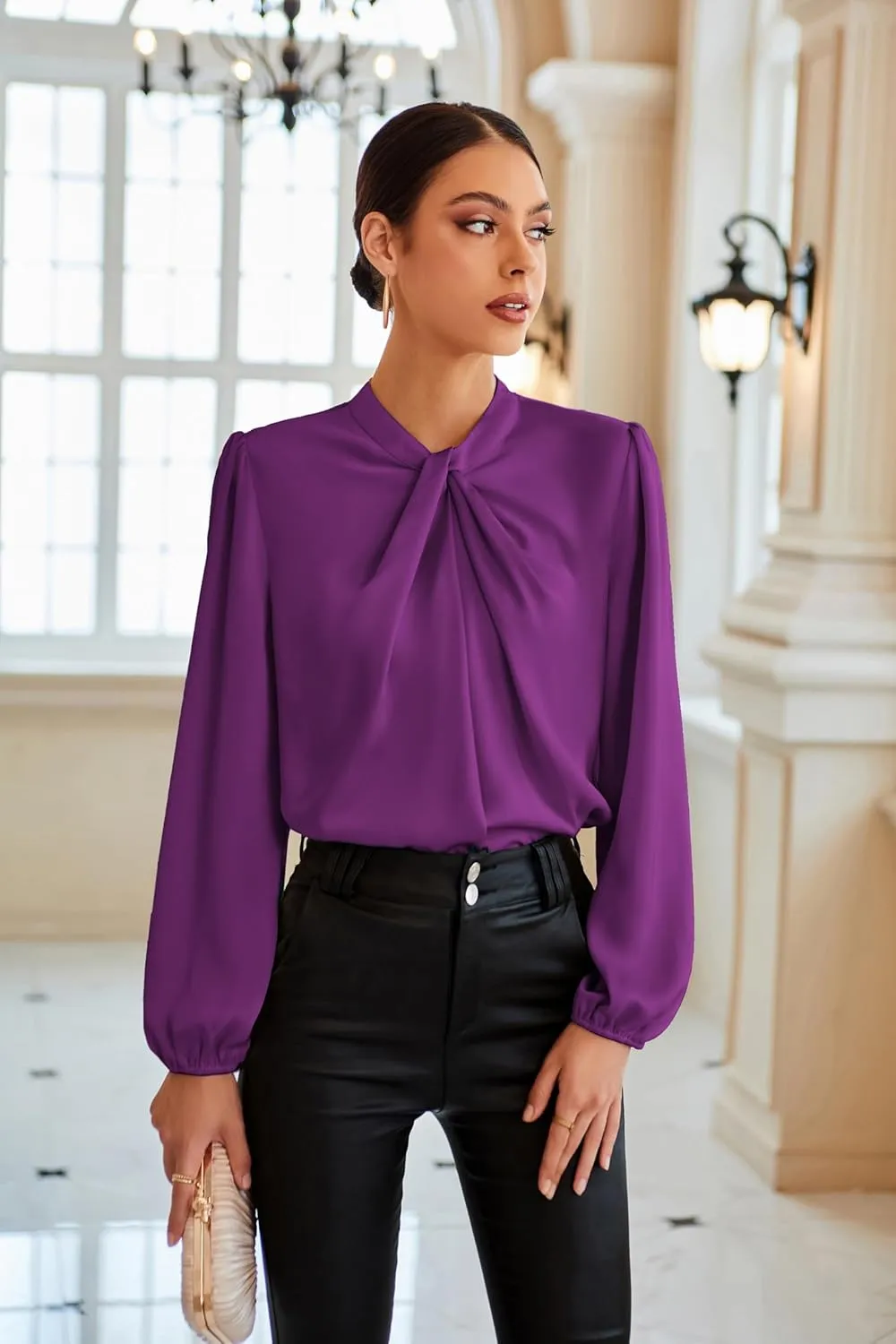 GRACE KARIN Women's Long Sleeve Shirts Mock Neck Casual Satin Blouse Tops for Business Office Work